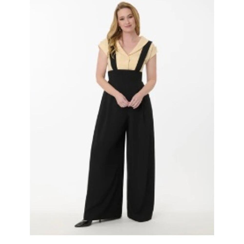 Unique Vintage Black Wide Leg Rochelle Suspender Pants Sz XL #21